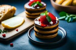 small cakes with strawberries and cheese on a dark background. AI-Generated photo
