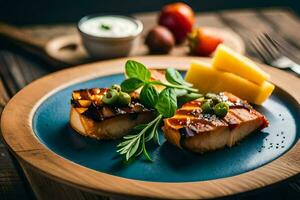 grilled salmon on a blue plate with tomatoes and herbs. AI-Generated photo