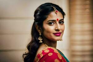 a beautiful indian woman in a red and blue sari. AI-Generated photo