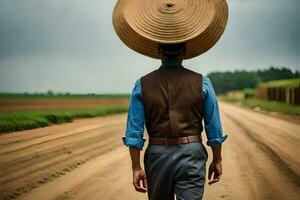 a man wearing a hat walks down a dirt road. AI-Generated photo