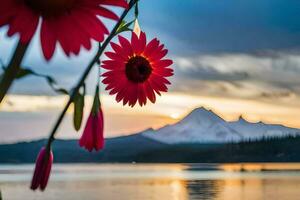 red flowers are seen in front of a mountain at sunset. AI-Generated photo