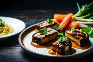 a plate of food with tofu, carrots and noodles. AI-Generated photo