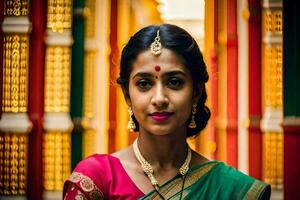 un hermosa indio mujer en un sari. generado por ai foto