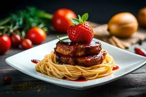 spaghetti with meat and tomato sauce on a plate. AI-Generated photo