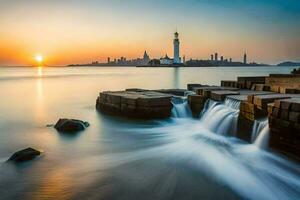 a lighthouse in the distance at sunset with water flowing over rocks. AI-Generated photo