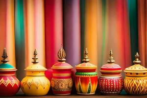 colorful colorful pots and jars on a table. AI-Generated photo