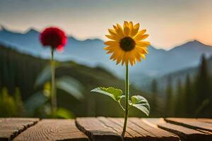 sunflower on a wooden table with mountains in the background. AI-Generated photo