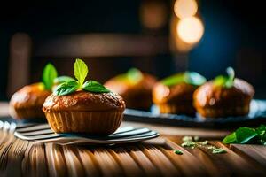 small muffins with mint leaves on a black plate. AI-Generated photo