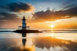 a lighthouse stands on the beach at sunset. AI-Generated photo