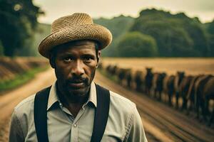 a man in a hat standing in front of a herd of cattle. AI-Generated photo