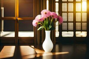 a vase with pink flowers sitting on a wooden floor. AI-Generated photo