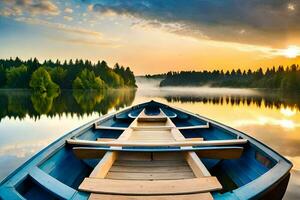 a boat sits on the water at sunset. AI-Generated photo