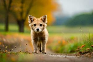 un pequeño marrón zorro es caminando en un suciedad la carretera. generado por ai foto