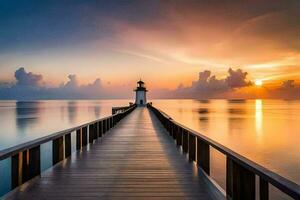 a lighthouse stands on a pier at sunset. AI-Generated photo