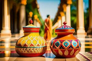 two colorful vases sitting on a floor. AI-Generated photo