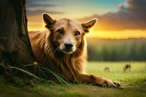 a dog laying down in the grass at sunset. AI-Generated photo