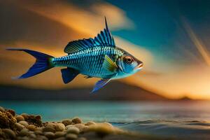 un pescado nadando en el Oceano a puesta de sol. generado por ai foto