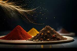 three different types of spices on a plate. AI-Generated photo