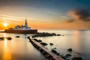 un barco se sienta en el agua a puesta de sol. generado por ai foto