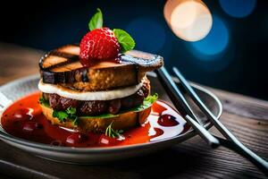 a plate with a burger and strawberry on it. AI-Generated photo