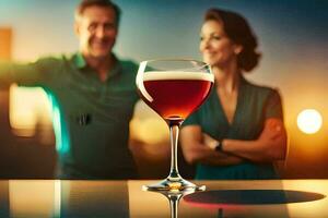 a man and woman standing in front of a glass of wine. AI-Generated photo