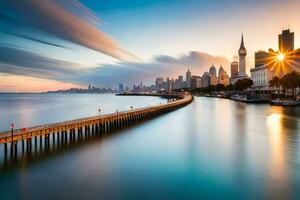 el ciudad horizonte es visto desde un muelle en el agua. generado por ai foto