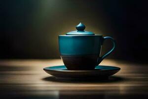 a blue cup and saucer on a wooden table. AI-Generated photo