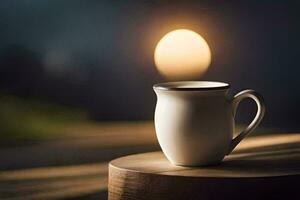 a coffee cup sits on a wooden table in front of a full moon. AI-Generated photo