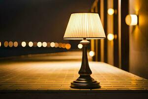 a lamp on a table in front of a building. AI-Generated photo