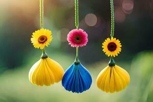 three colorful flowers hanging from strings. AI-Generated photo