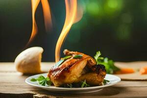 a plate with a chicken on it with a flame. AI-Generated photo