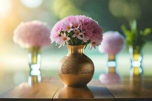 a vase of pink flowers on a table. AI-Generated photo