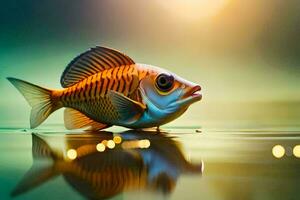 un pescado es flotante en el agua con un brillante ligero. generado por ai foto