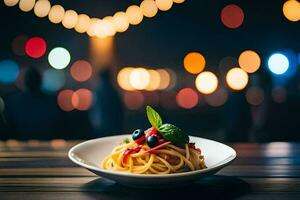 a plate of pasta with a view of the night. AI-Generated photo