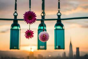 flowers hanging from a string with a city in the background. AI-Generated photo