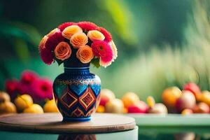 colorful flowers in a vase on a table. AI-Generated photo