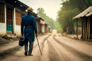 a man in a blue suit and hat walking down a dirt road. AI-Generated photo