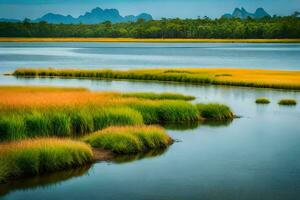 the landscape of a lake with grass and mountains. AI-Generated photo