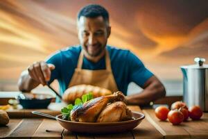a man is preparing a meal with a turkey. AI-Generated photo