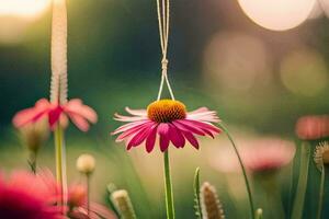 pink flowers hanging from a string in the grass. AI-Generated photo