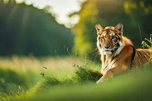 a tiger sitting in the grass with the sun behind it. AI-Generated photo