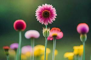 a pink flower stands out in the middle of a field. AI-Generated photo