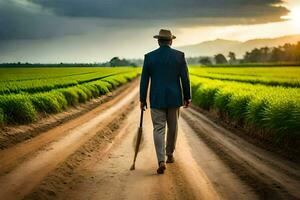 a man in a suit walks down a dirt road in a rice field. AI-Generated photo