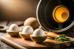 eggs in wooden bowls with a pan on a cutting board. AI-Generated photo