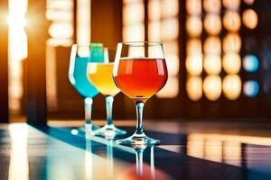 three glasses of different colored drinks on a table. AI-Generated photo
