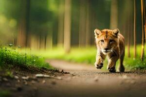 a lion cub walking on a dirt road in the forest. AI-Generated photo