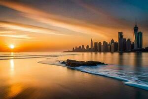 the sun sets over the city skyline in dubai. AI-Generated photo