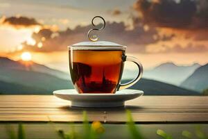 a cup of tea on a wooden table in front of a mountain view. AI-Generated photo