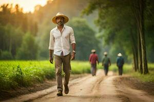 a man in a hat walking down a dirt road. AI-Generated photo