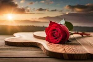 a red rose sits on a wooden cutting board with the sun setting behind it. AI-Generated photo